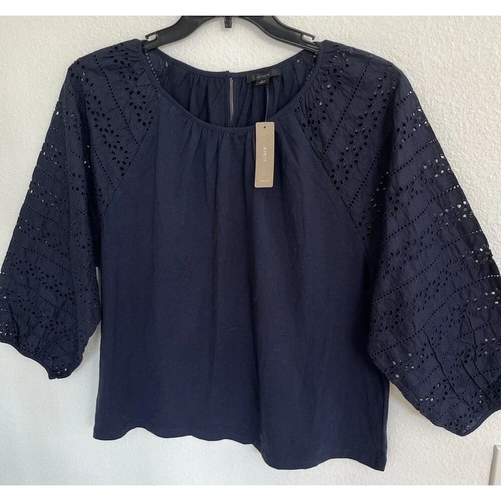 J. Crew Puff Sleeve Womens Top Large Navy Blue Embroidery 100%Cotton Casual NWT